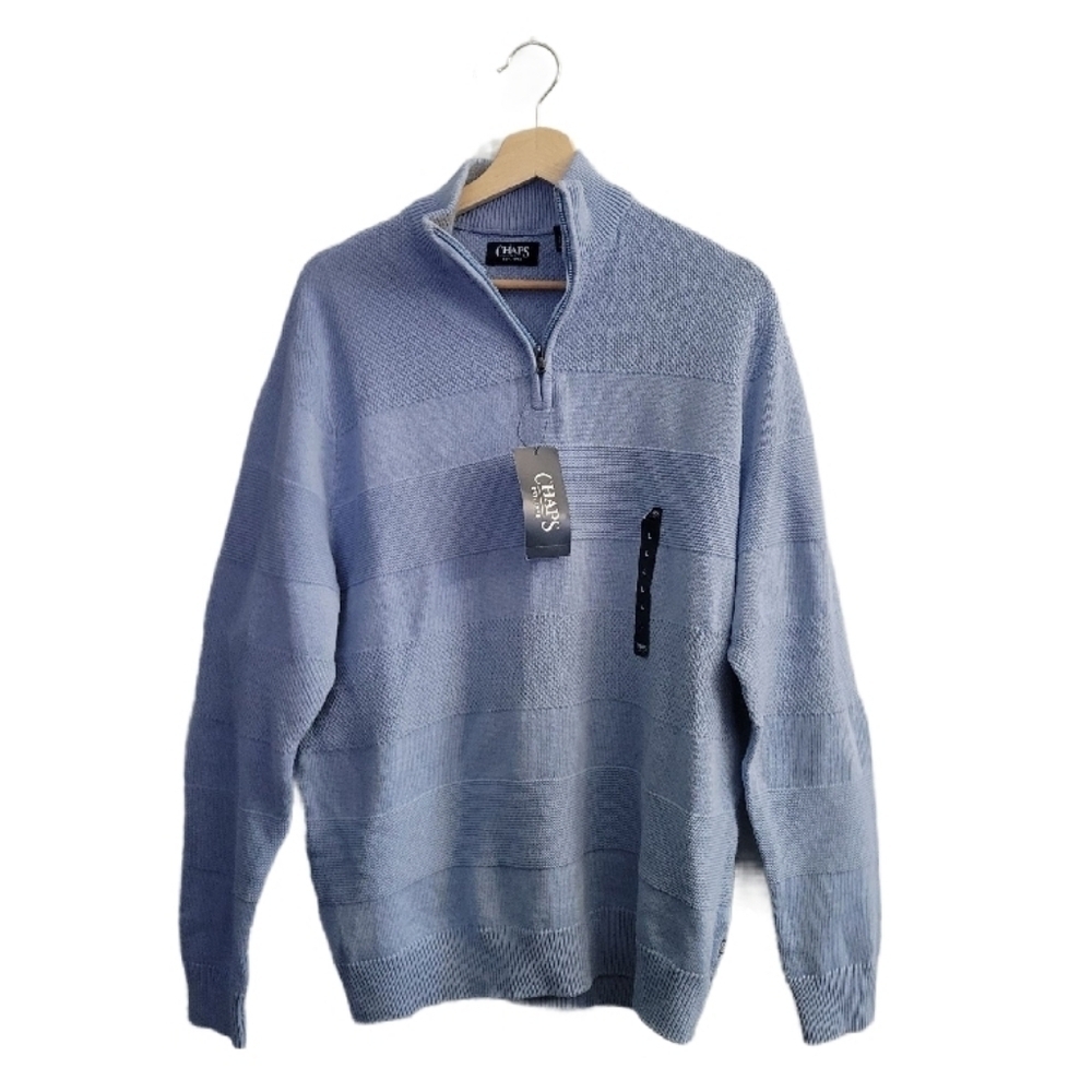NWT CHAPS 100% Cotton Size L Men's Blue Half-Zip Sweater Preppy Classic